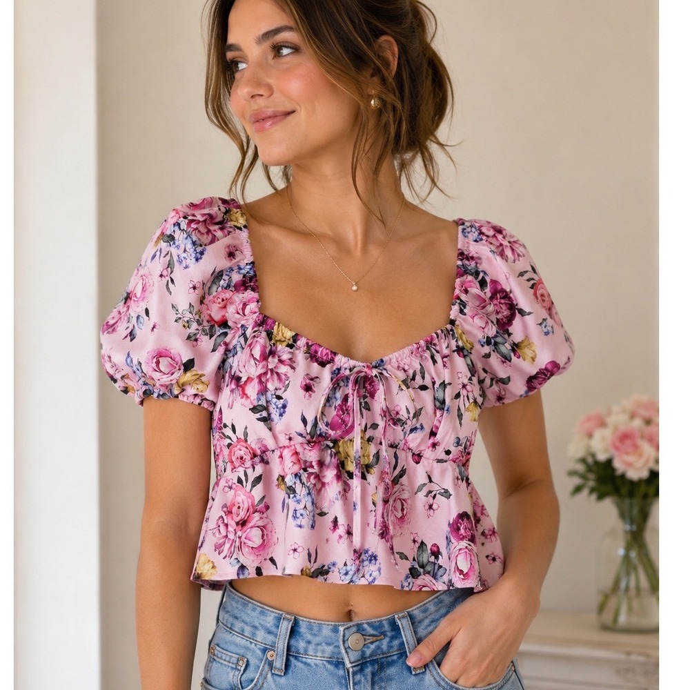 Blue Rain Pink Floral Babydoll Crop Top Sweetheart‎ Tie Front Puff Sleeve L